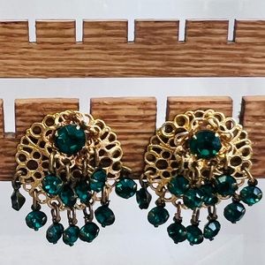 1980s CLIP Victorian Revival Filagree Austrian green crystals gold tone earring